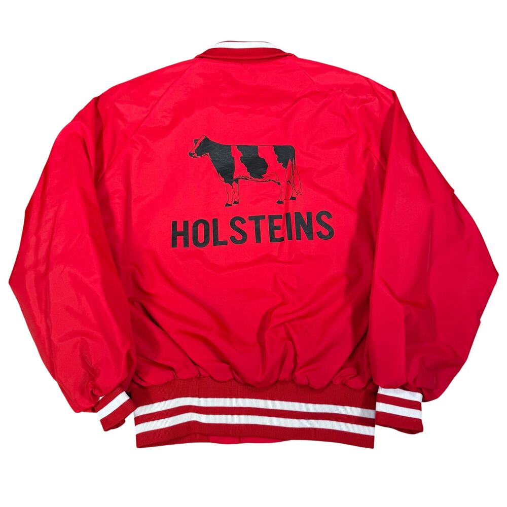 Vintage Holsteins Cow Satin Varsity Bomber Jacket Red Agriculture USA Sz Large